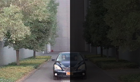 肉眼でみたイメージ（右）と“ME20F-SHN”で撮影した映像（左）