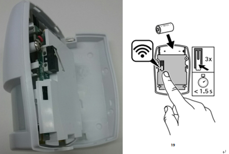 AXIS T8341の場合は背面のボタンを1.5秒以内に3回押すことで (上記画像参照)、カメラとセンサーがお互いを認識してくれます。